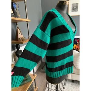 Green Black, Striped Sweater, Stefano, Size M, Ramie Cotton, Pullover, Deep V